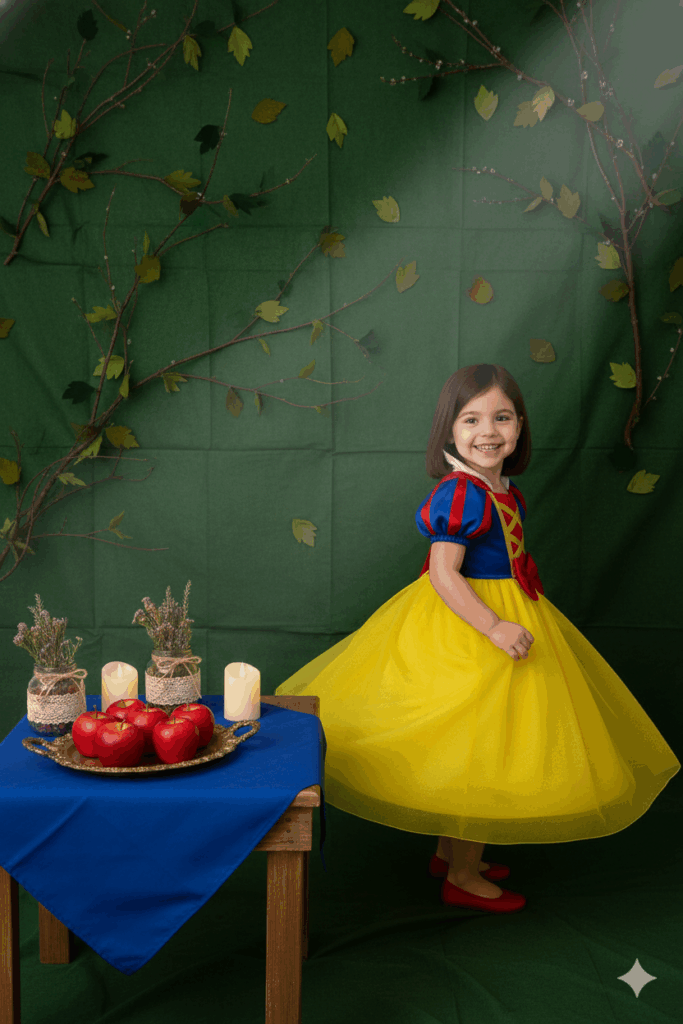 A Moldura da Fantasia
O vestido é o personagem principal, mas toda princesa precisa de um castelo! Para que a fantasia seja completa, o cenário da festa — ou até mesmo um cantinho especial em casa para as fotos — precisa transportar a criança para o Reino Encantado. E o melhor: você não precisa de um orçamento real para isso.
A Arquitetura da Magia com DIY:
Aqui estão três ideias para criar um cenário de "Castelo e Contos de Fadas" que valorize ainda mais o vestido temático:
A Fachada de Tijolos (Ilusão Visual): Use papel pardo ou cartolinas cinzas para criar uma textura de pedra ou tijolo nas paredes. O segredo é desenhar as linhas de forma irregular para dar um aspecto vintage e real, como as paredes de um castelo antigo.
Toques de Nobreza com Tecido: Use tules e cetins nas cores do vestido (como o azul e o dourado) para criar cortinas imponentes no salão ou na entrada. Pendure tecidos do teto, criando arcos que imitam as abóbadas de um salão de baile.
A Mesa do Banquete Real (Simplicidade Sofisticada): Invista em bandejas douradas (podem ser de plástico pintado) e cálices de acrílico para dar um toque de banquete medieval. Use arranjos de flores baixos e velas LED para criar uma luz suave e mágica.
A Coerência da História
O segredo de uma festa inesquecível é a coerência. Quando o cenário e o vestido se unem, a criança vive a história de verdade, e não apenas veste uma fantasia.
(Call to Action): Qual detalhe mágico do seu Conto de Fadas favorito você usaria para decorar o Castelo? Inspire-se e compartilhe sua ideia de cenário!